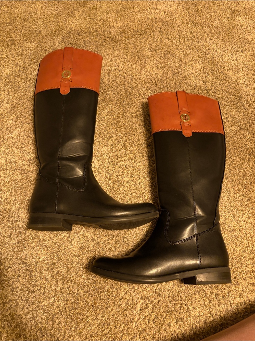 Tommy Hilfiger Two-Tone Leather Riding Boots - Black & Cognac